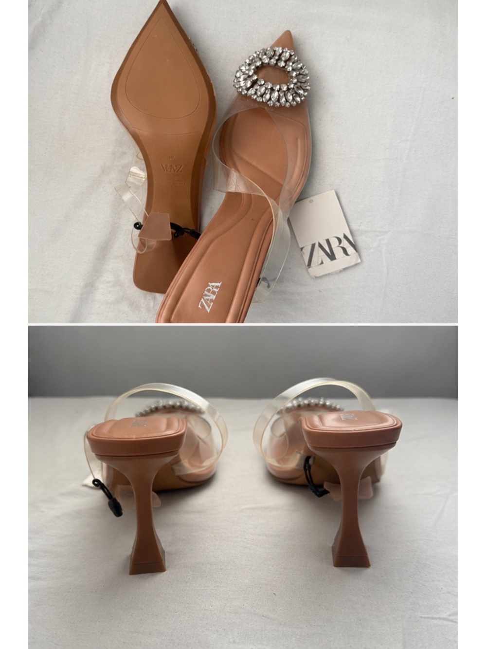 ZARA Embellished Clear Strap Mule Heels – Nude